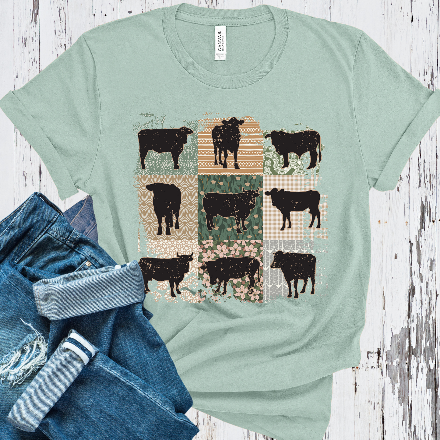 Vintage Quilt Cow Shirt, Western Graphic T Shirt Cow Sweatshirt, Comfort Western Wear Gifts for Cow Lovers