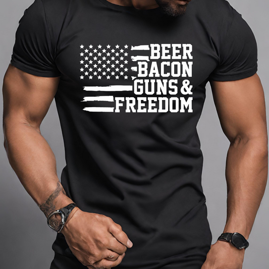 Beer Bacon Guns Freedom  t-shirt Patriotic America 2nd Amendment Graphic T-shirt