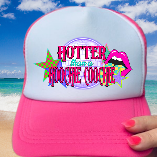 Hotter than a Hoochie Coochie Trucker Hat Retro Summer Beach Lake River Hats and ballcaps